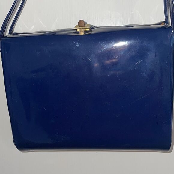 Unique Vtg 60s navy blue patent square box purse - Picture 2 of 12